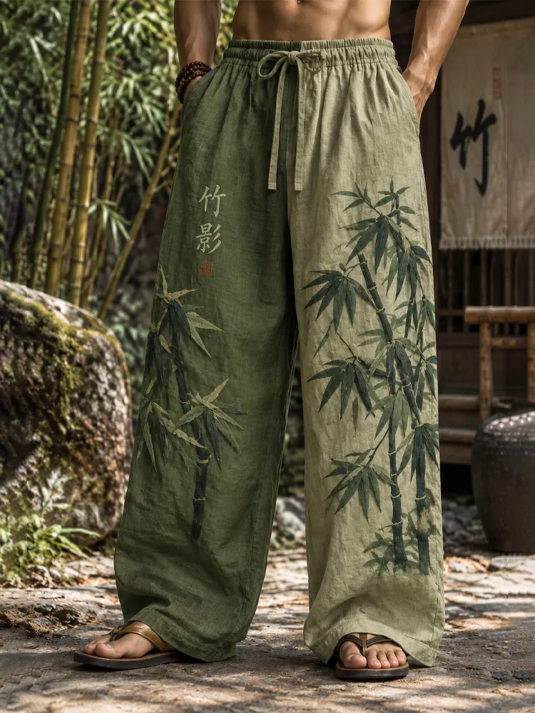 Men's Japanese Art Color-blocked Bamboo Print Loose Pants
