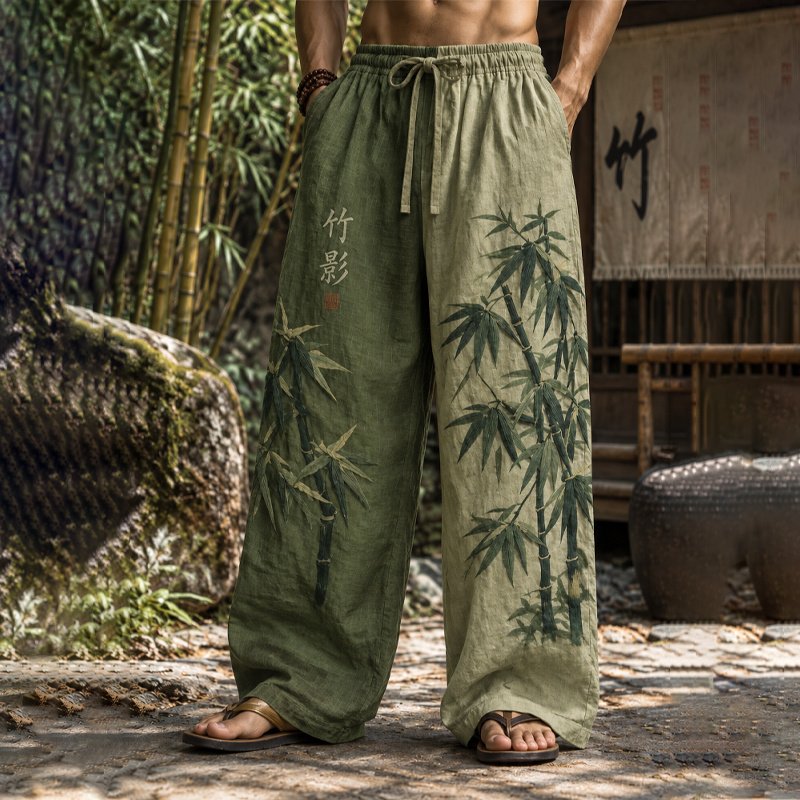 Men's Japanese Art Color-blocked Bamboo Print Loose Pants