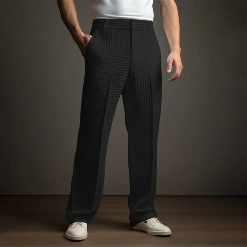 Men's Solid Color Waffle Knit Straight-leg Casual Trousers