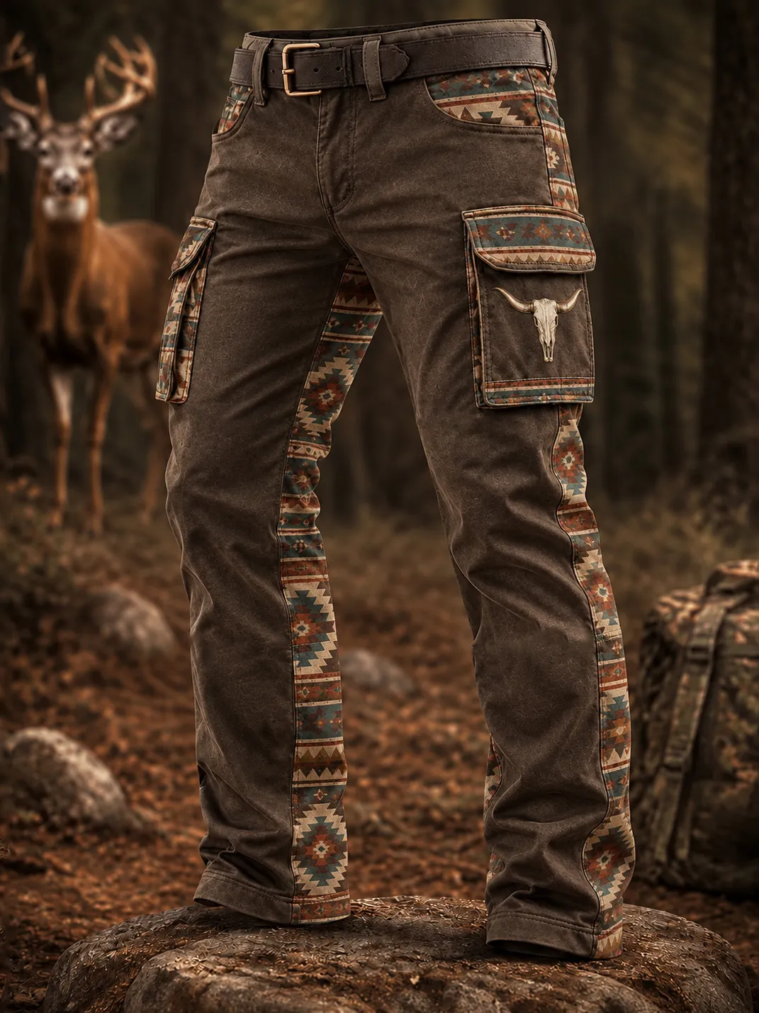 Men's Vintage Faith Traditional Reindeer Pattern Printed Multi-pocket Cargo Casual Pants