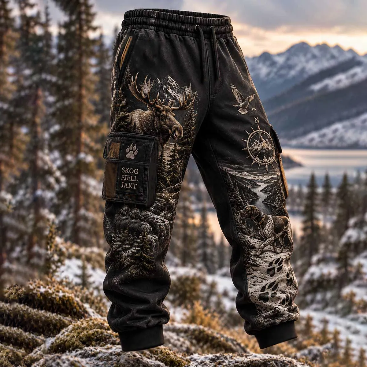 Men's Vintage Faith Traditional Reindeer Pattern Printed Multi-pocket Cargo Casual Pants