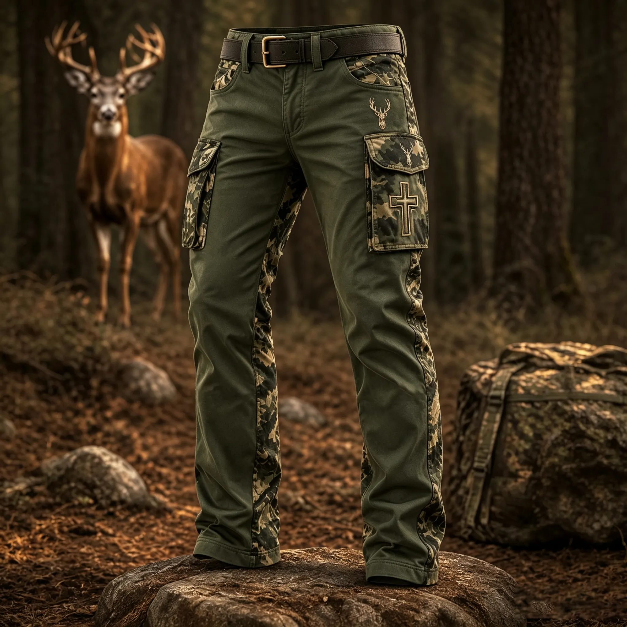Men's Vintage Faith Traditional Reindeer Pattern Printed Multi-pocket Cargo Casual Pants