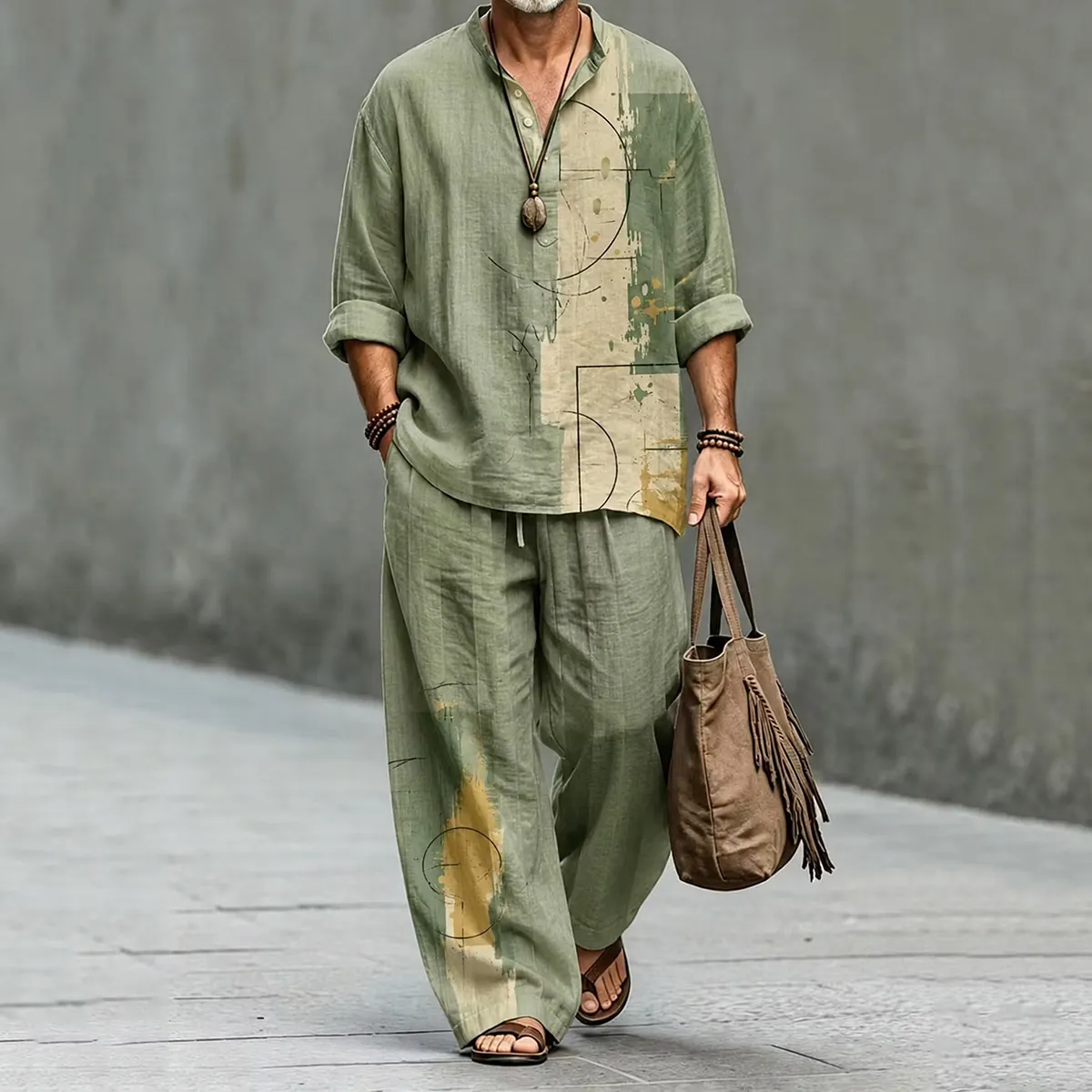 Men's Retro Abstract Geometric Art Print Shirt And Pants Two Piece Set