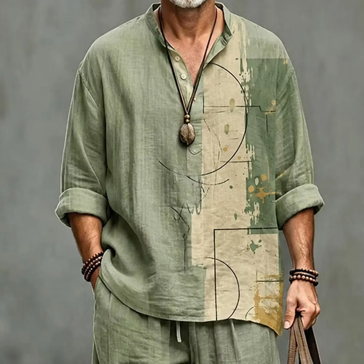Men's Retro Abstract Geometric Art Print Shirt And Pants Two Piece Set