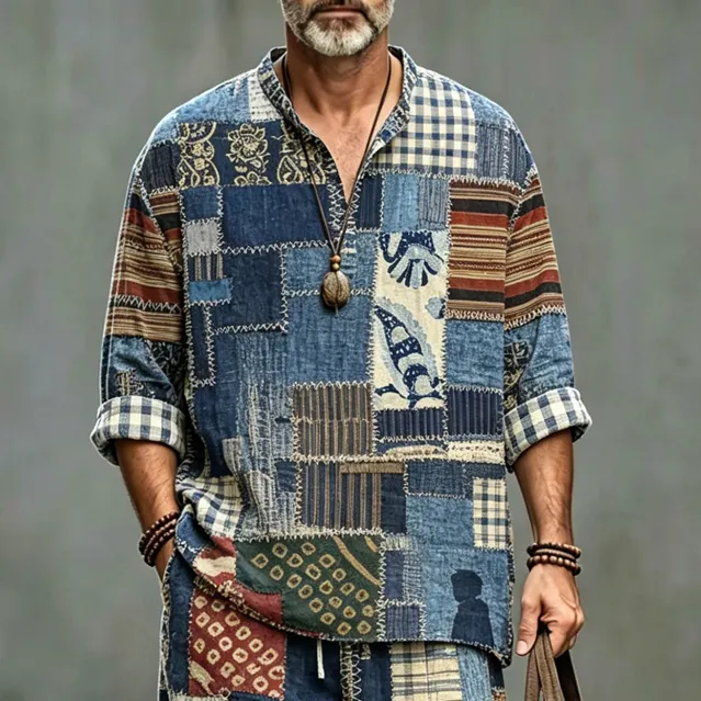 Men's Vintage Japanese Patchwork Art Shirt And Pants Two Piece Set