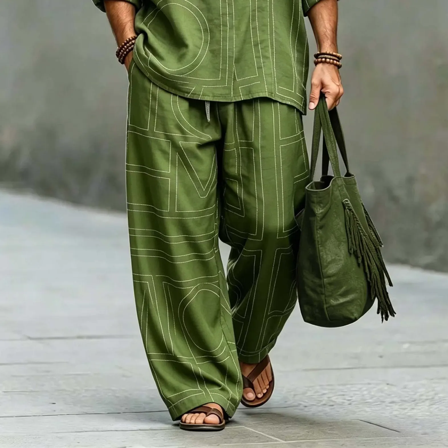 Men's Vintage Geometric Art Print Shirt And Pants Two Piece Set