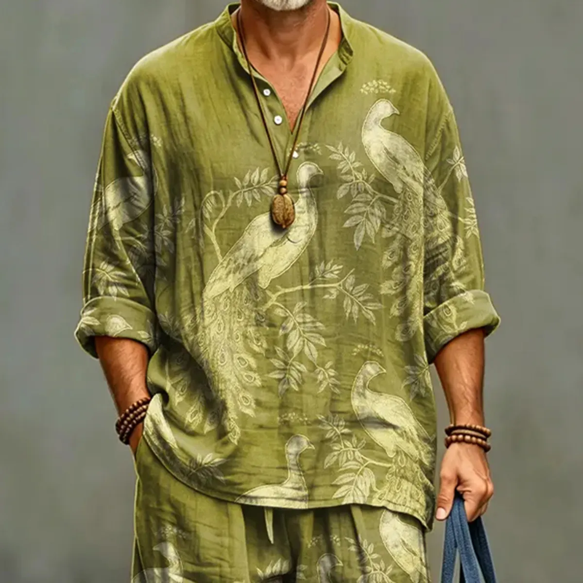 Men's Vintage Japanese Floral And Bird Art Shirt And Pants Two Piece Set