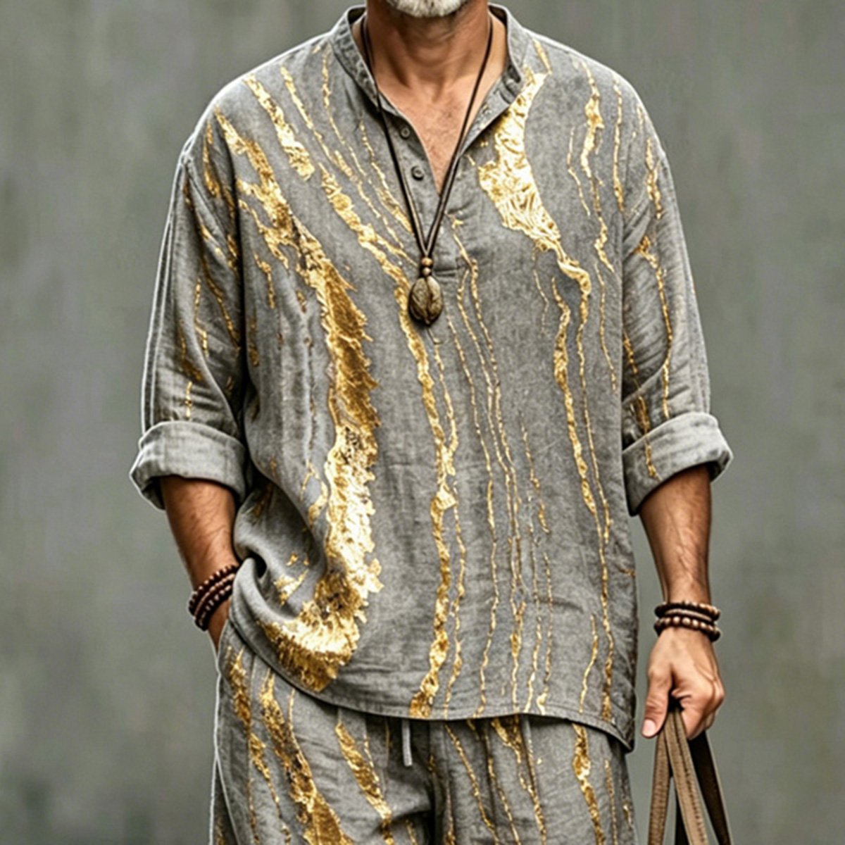 Men's Retro Abstract Art Print Shirt And Pants Two Piece Set