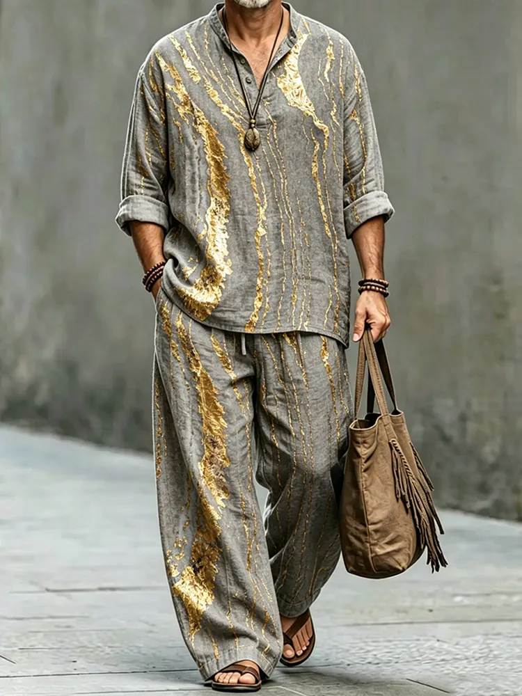 Men's Retro Abstract Art Print Shirt And Pants Two Piece Set