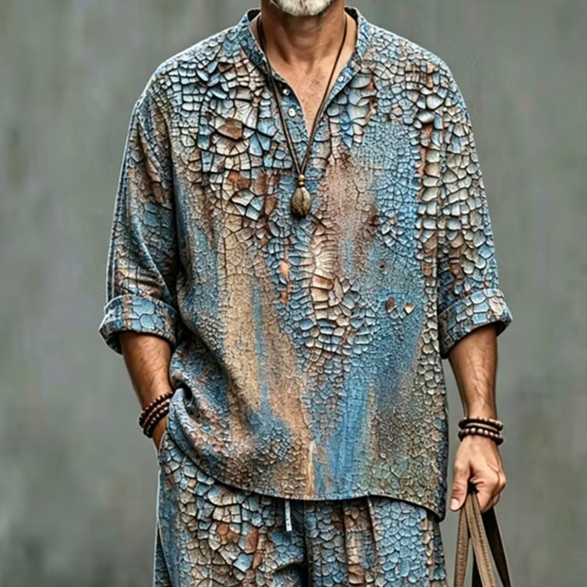 Men's Retro Abstract Art Print Shirt And Pants Two Piece Set