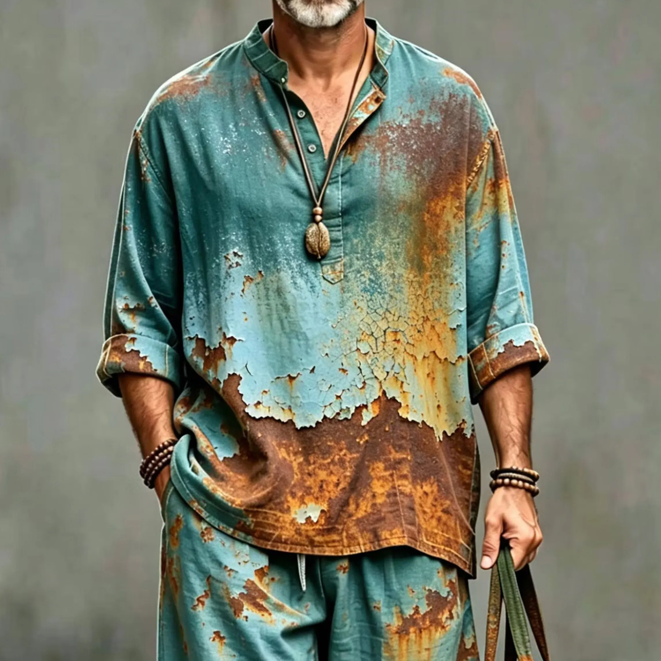 Men's Vintage Rust Art Print Shirt And Pants Two Piece Set