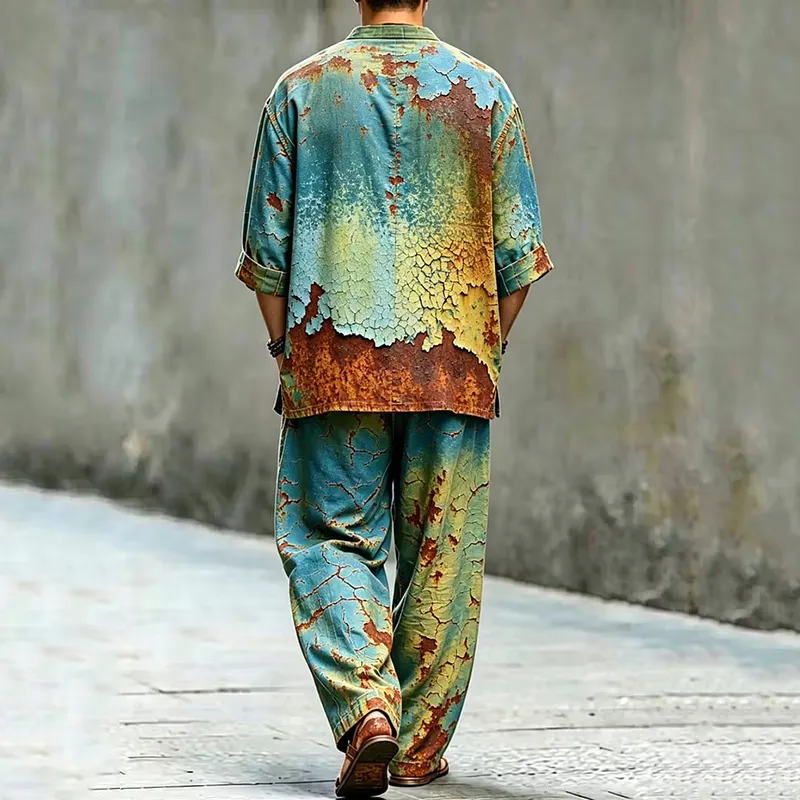 Men's Vintage Rust Art Print Shirt And Pants Two Piece Set