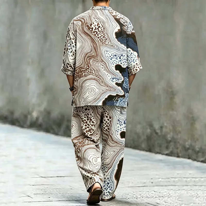 Men's Vintage Japanese Abstract Art Print Shirt And Pants Two Piece Set