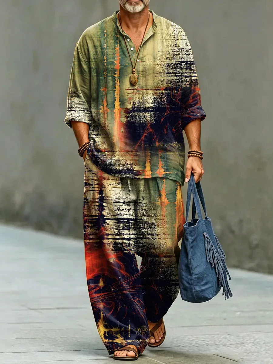 Men's Retro Abstract Art Print Casual Shirt And Pants Two Piece Set