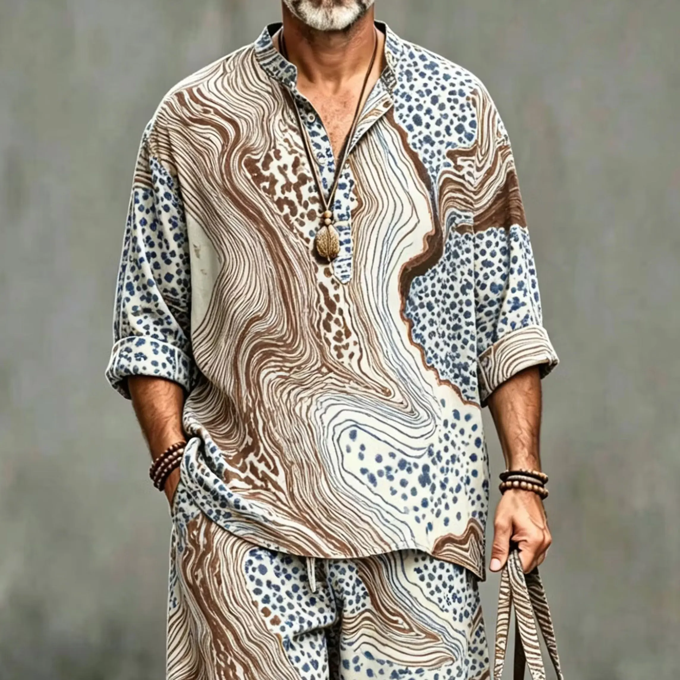 Men's Vintage Japanese Abstract Art Print Shirt And Pants Two Piece Set