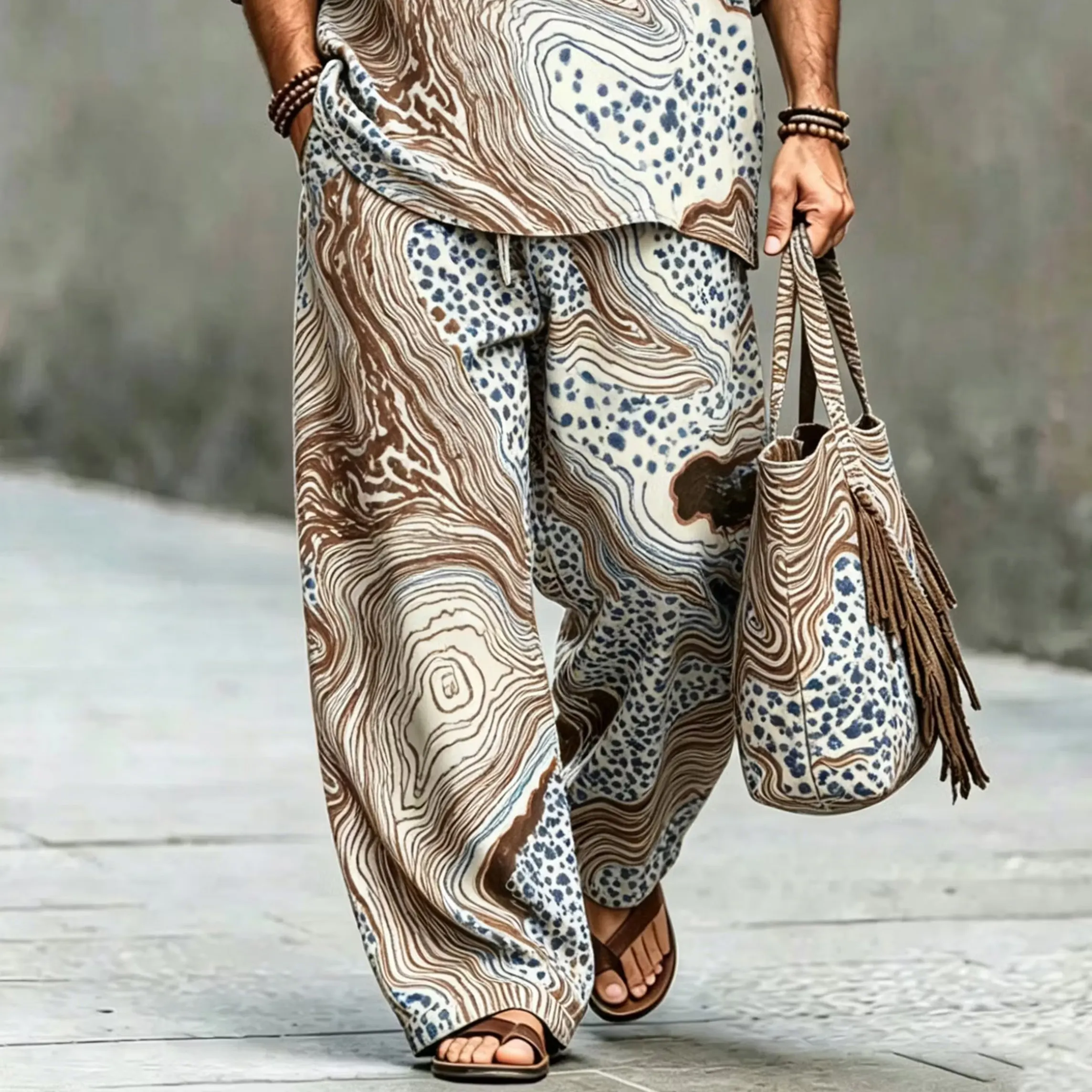 Men's Vintage Japanese Abstract Art Print Shirt And Pants Two Piece Set