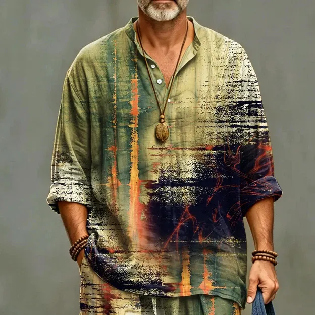 Men's Retro Abstract Art Print Casual Shirt And Pants Two Piece Set