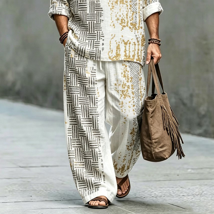 Men's Geometric Art Print Shirt And Pants Two Piece Set