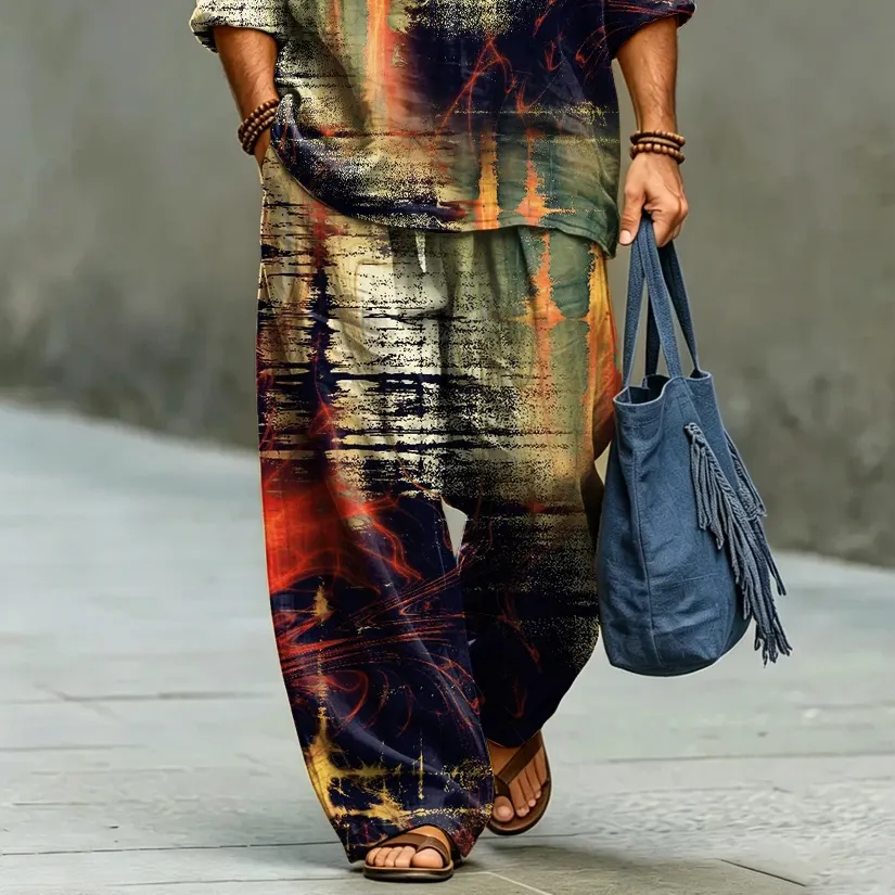 Men's Retro Abstract Art Print Casual Shirt And Pants Two Piece Set