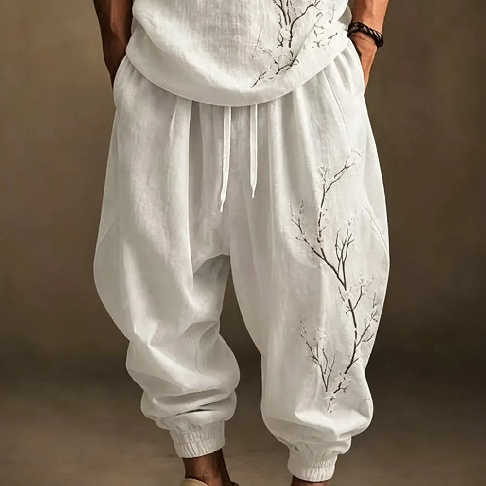 Men's Retro Japanese Floral Print Hoodie Two-piece Set