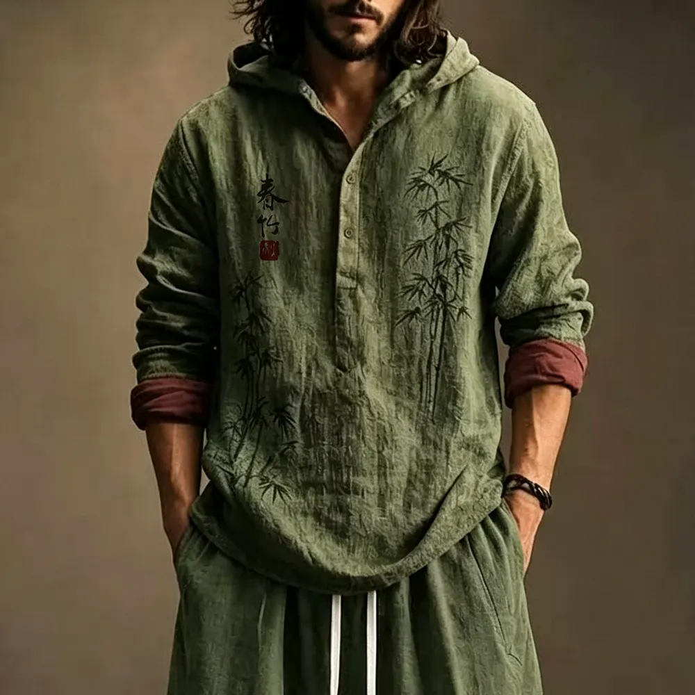 Men's Retro Japanese Art Bamboo Print Hoodie Two-piece Set