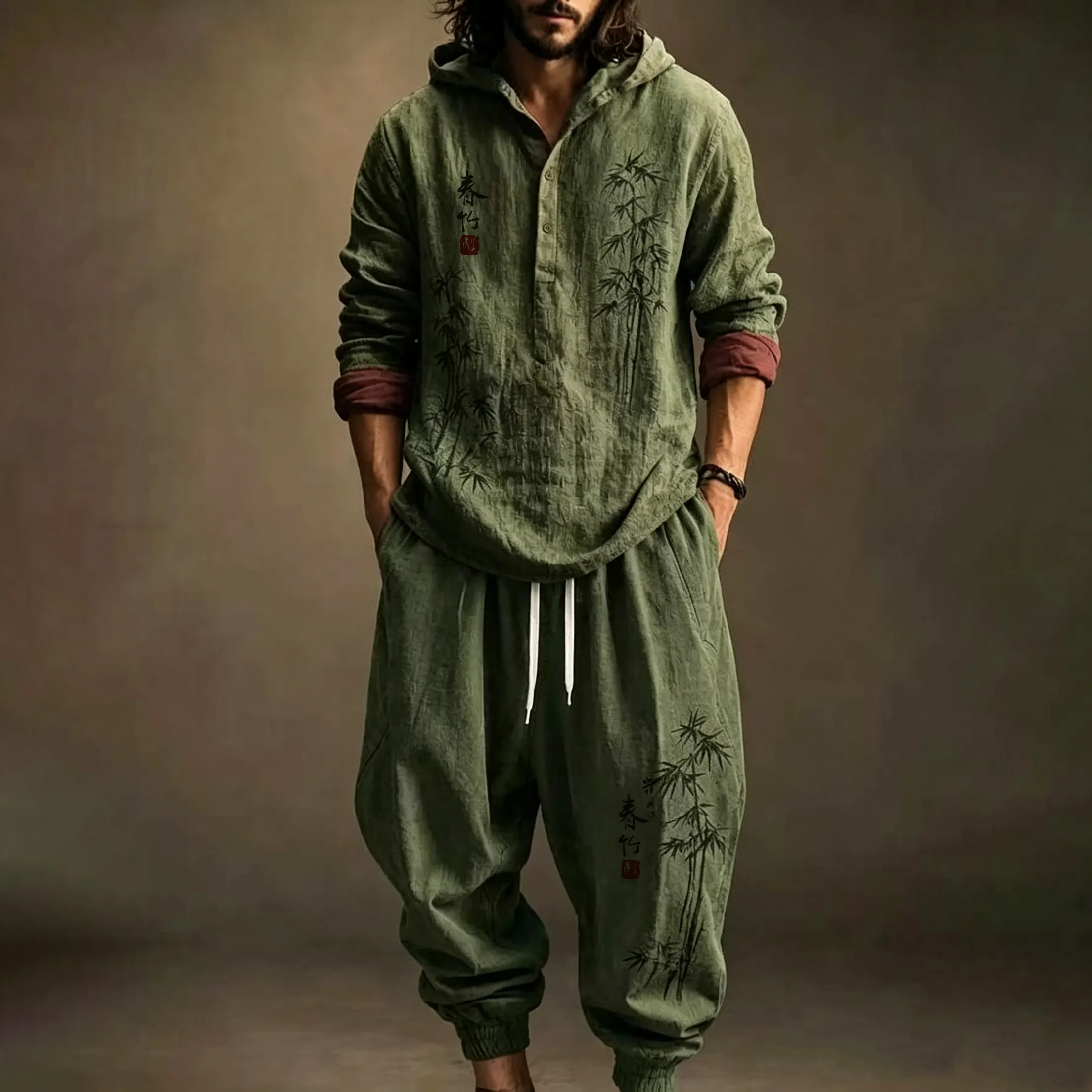 Men's Retro Japanese Art Bamboo Print Hoodie Two-piece Set