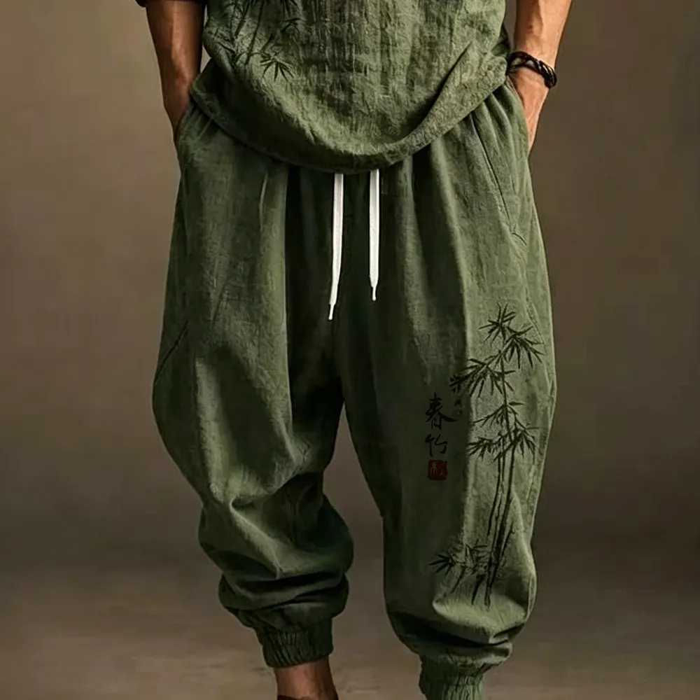 Men's Retro Japanese Art Bamboo Print Hoodie Two-piece Set