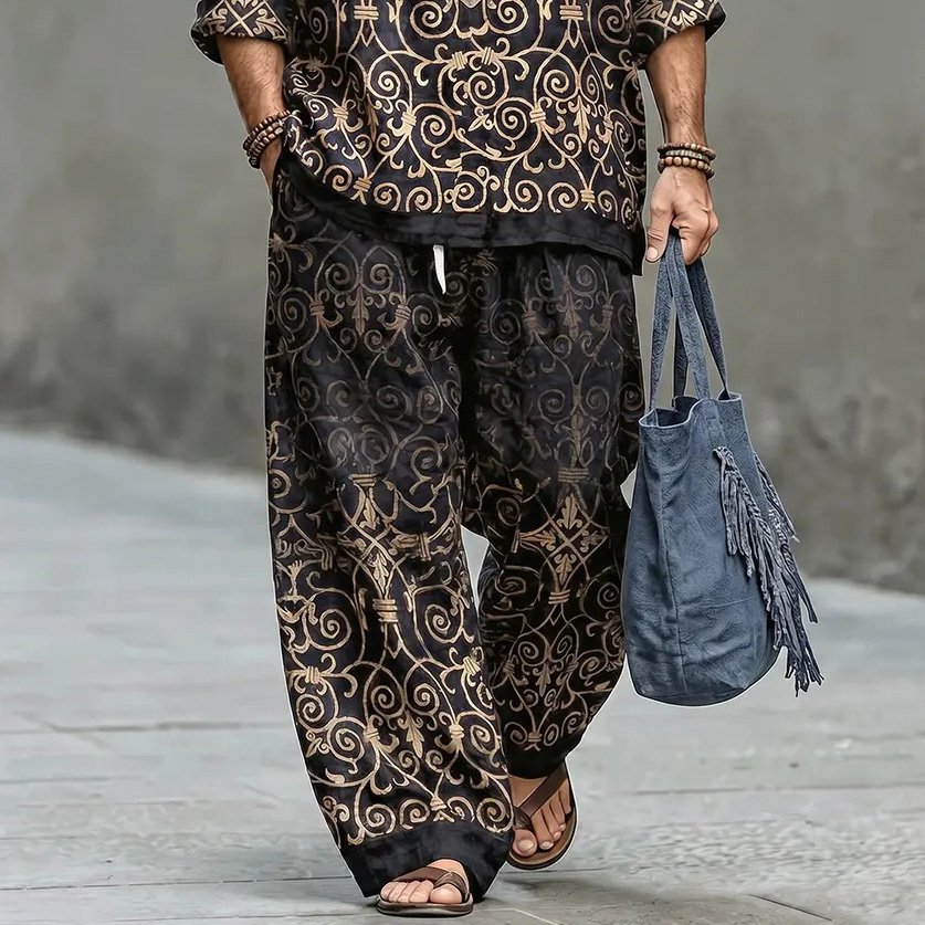 Men's Retro Geometric Art Print Shirt And Pants Two Piece Set
