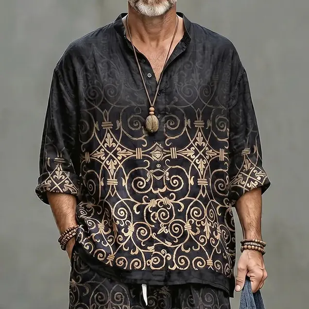 Men's Retro Geometric Art Print Shirt And Pants Two Piece Set