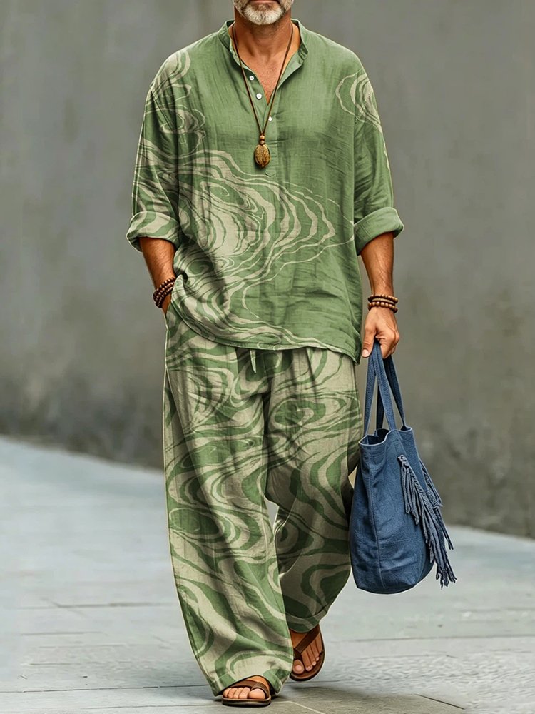 Men's Abstract Striped Art Print Shirt And Pants Two Piece Set