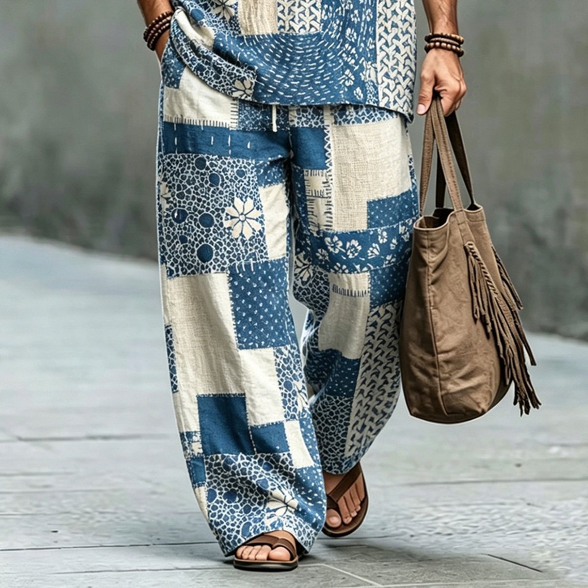 Men's Japanese Patchwork Art Shirt And Pants Two Piece Set