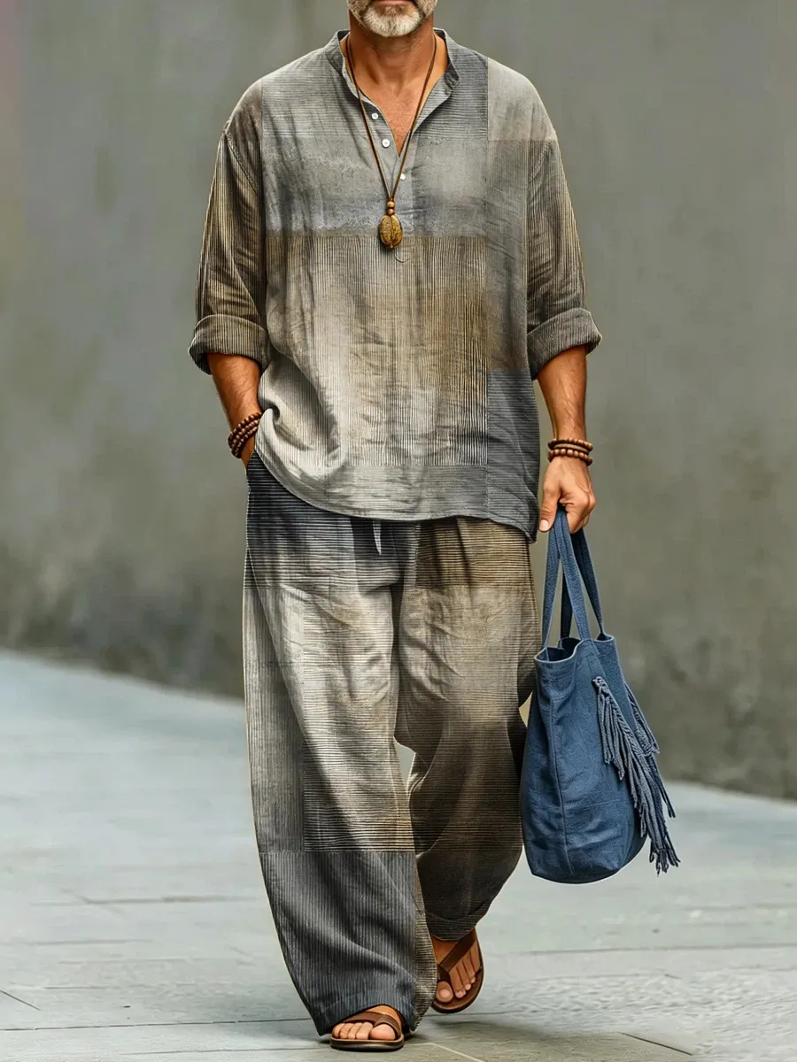 Men's Vintage Striped Art Print Shirt And Pants Two Piece Set
