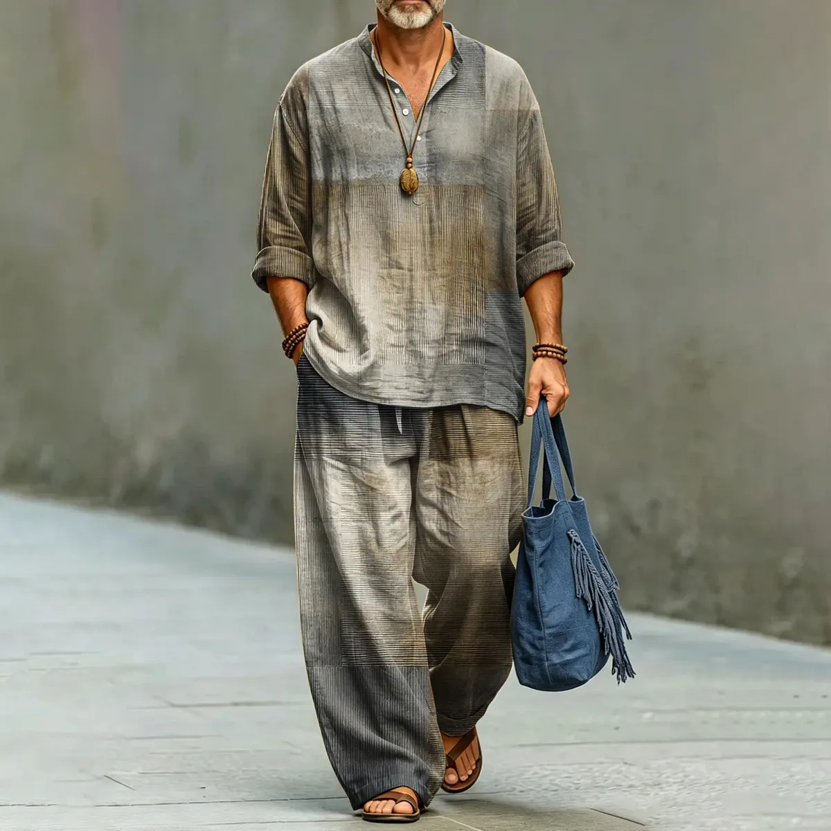 Men's Vintage Striped Art Print Shirt And Pants Two Piece Set