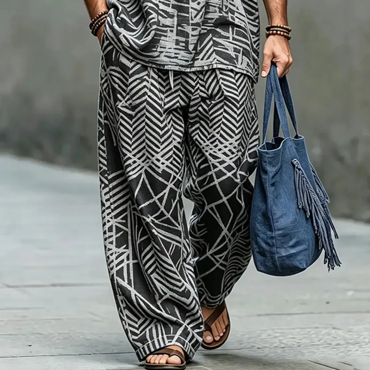 Men's Vintage Geometric Print Shirt And Pants Two Piece Set
