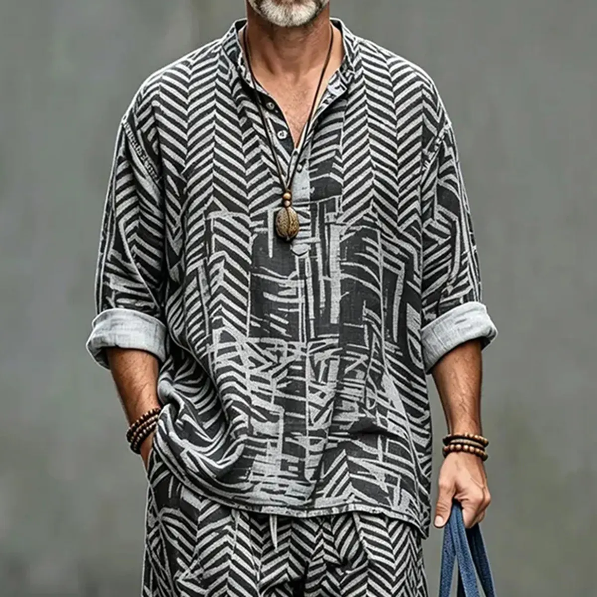 Men's Vintage Geometric Print Shirt And Pants Two Piece Set