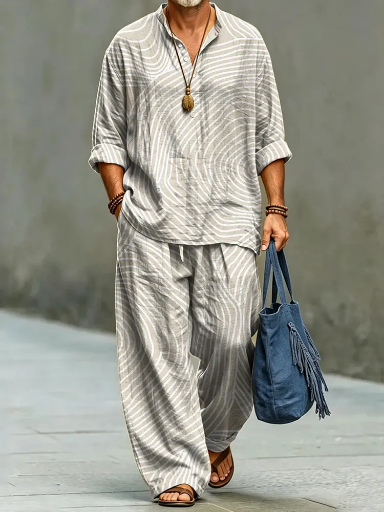 Men's Stripe Art Print Shirt And Pants Two Piece Set