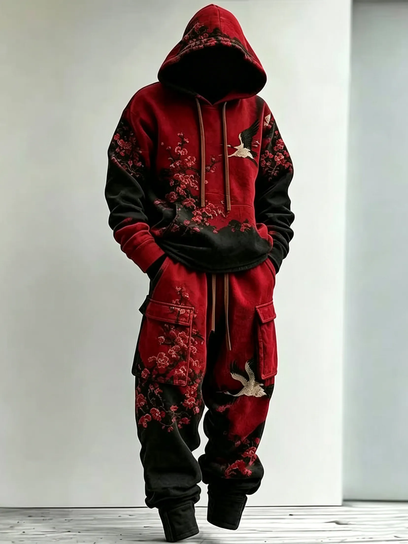 Men's Retro Japanese Art Color Block Floral Crane Print Hoodie And Cargo Pants Two-piece Set