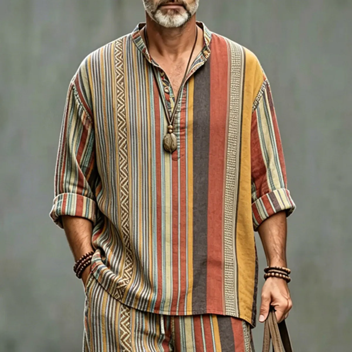 Men's Vintage Striped Print Shirt And Pants Two Piece Set