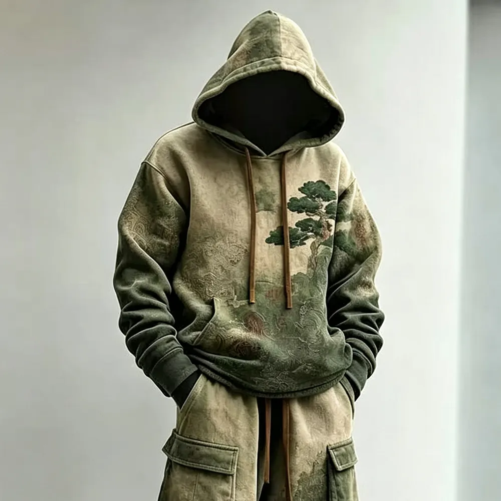 Men's Retro Japanese Art Pine Tree And Landscape Print Hoodie And Cargo Pants Two-piece Set