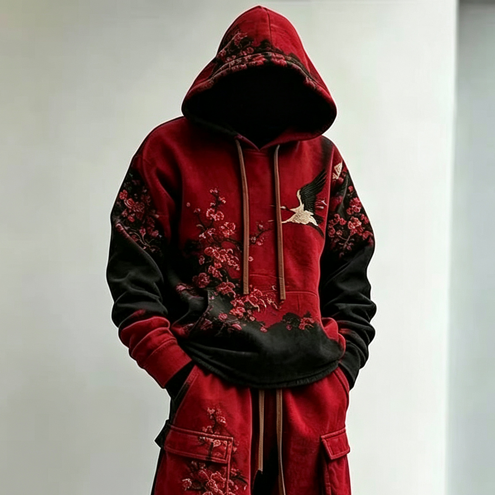 Men's Retro Japanese Art Color Block Floral Crane Print Hoodie And Cargo Pants Two-piece Set