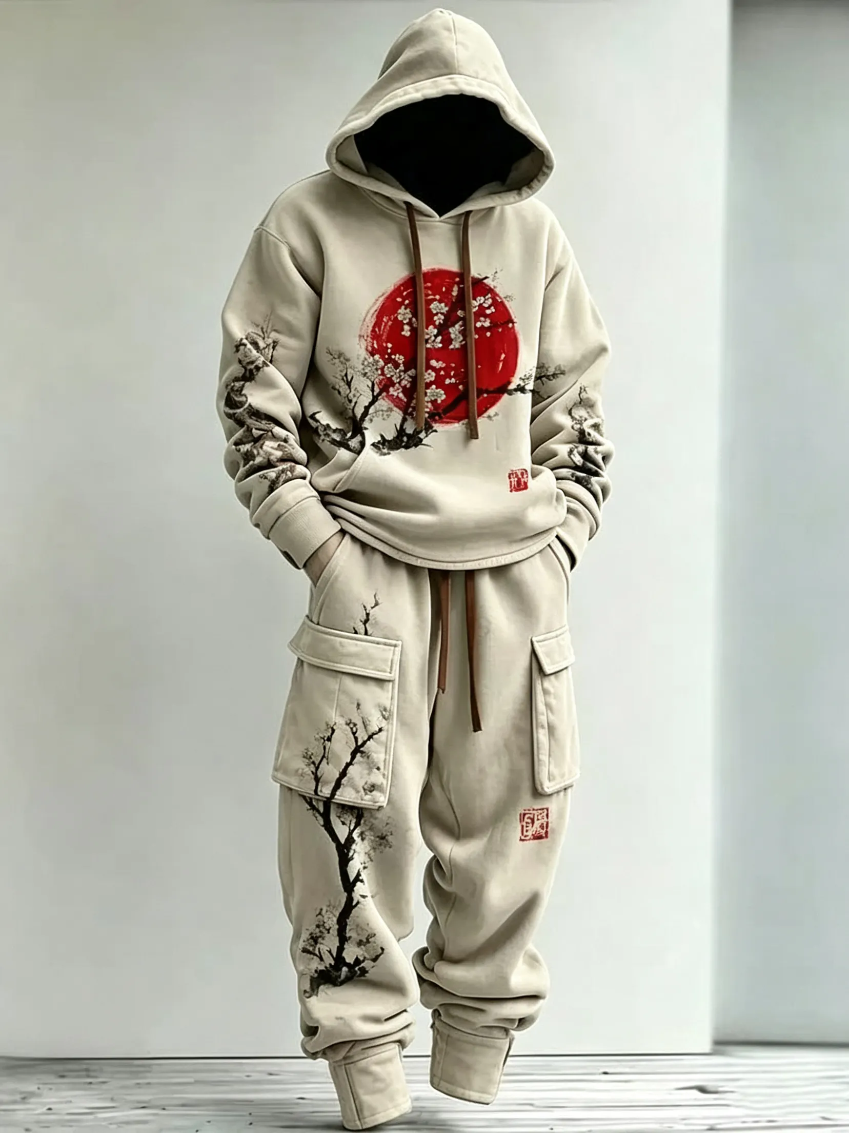 Men's Retro Japanese Art Floral Print Hoodie And Cargo Pants Two-piece Set