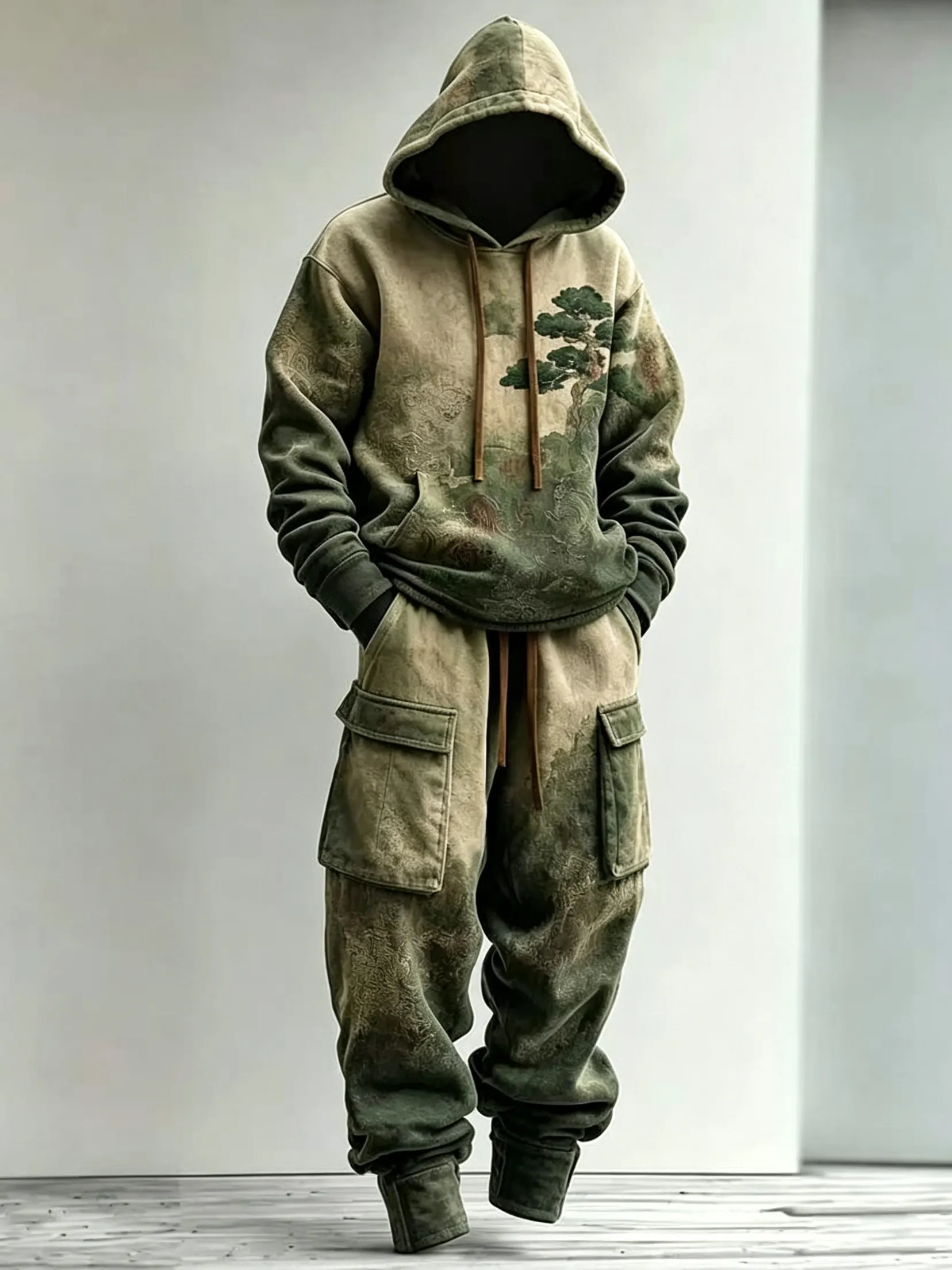 Men's Retro Japanese Art Pine Tree And Landscape Print Hoodie And Cargo Pants Two-piece Set