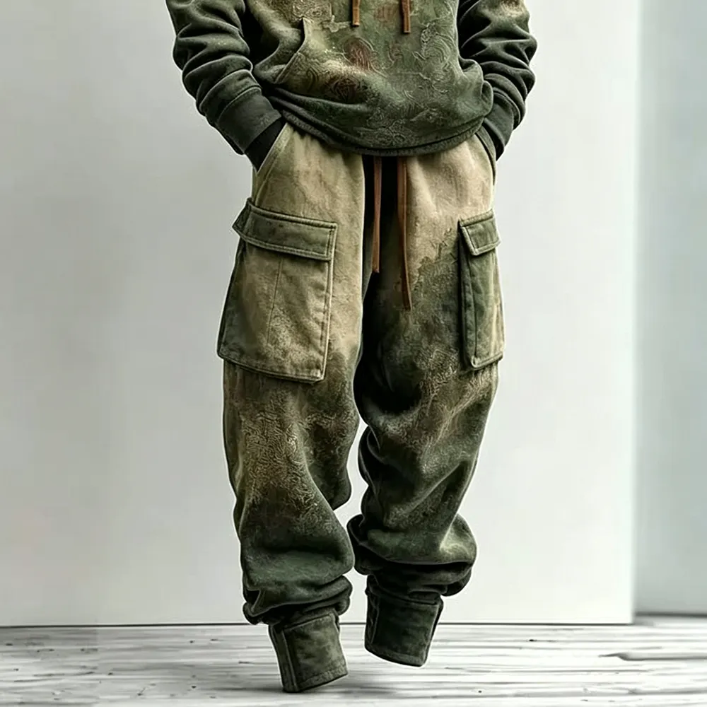 Men's Retro Japanese Art Pine Tree And Landscape Print Hoodie And Cargo Pants Two-piece Set
