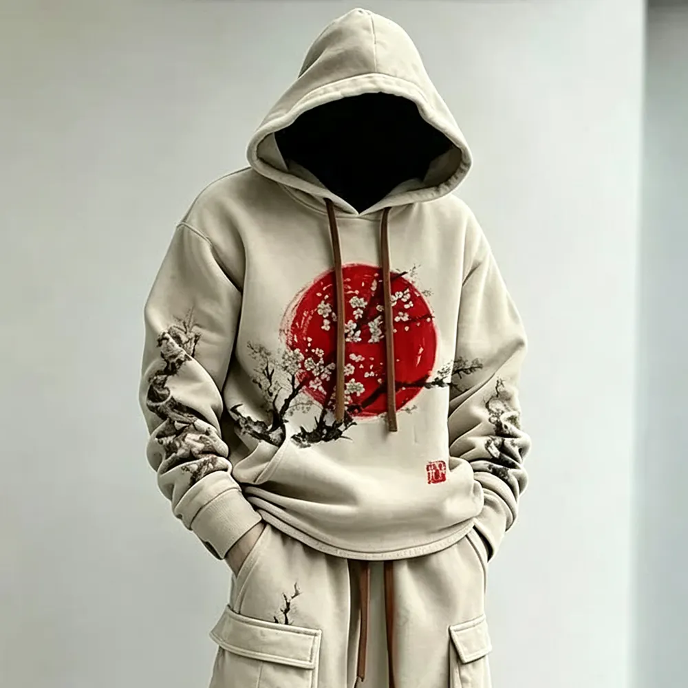 Men's Retro Japanese Art Floral Print Hoodie And Cargo Pants Two-piece Set