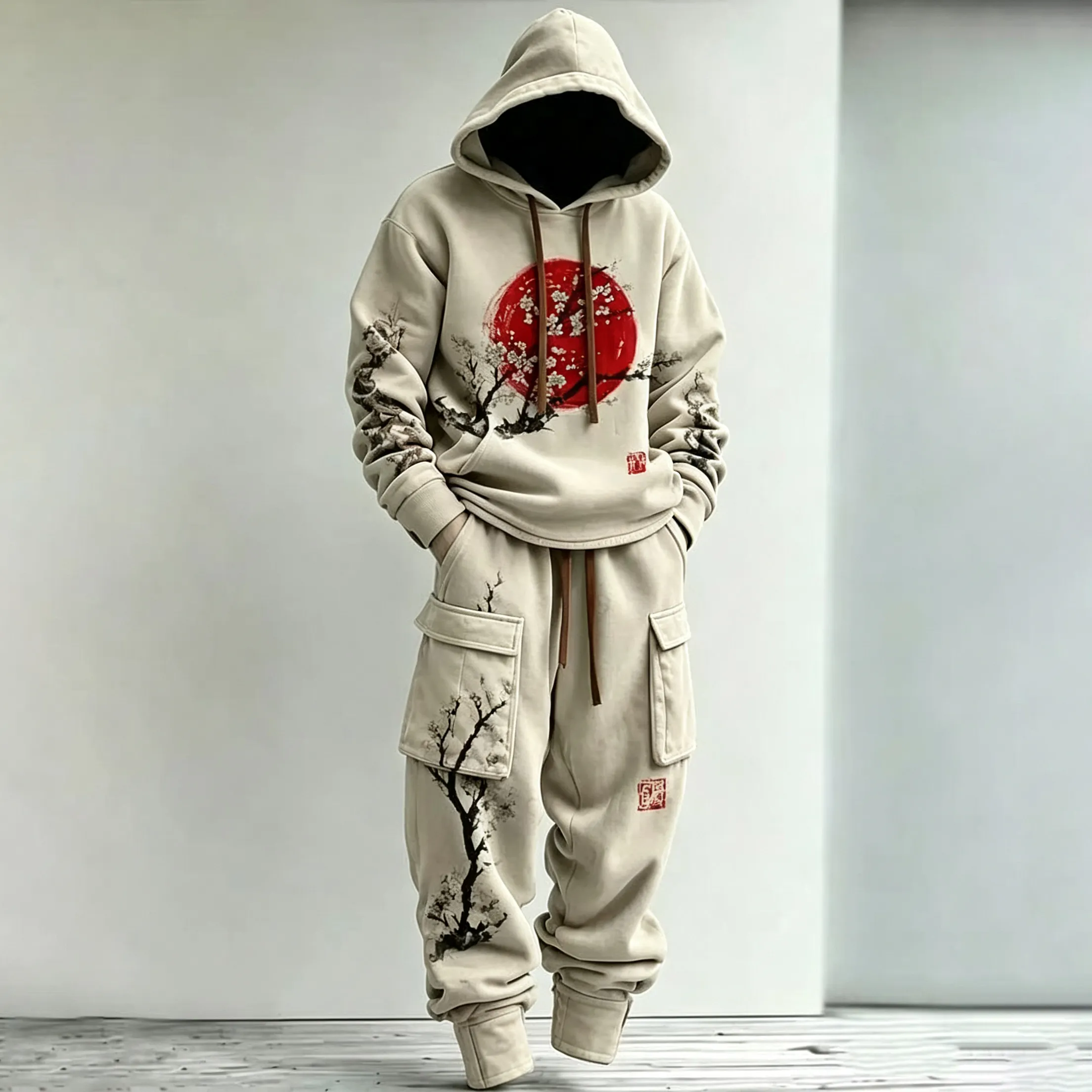 Men's Retro Japanese Art Floral Print Hoodie And Cargo Pants Two-piece Set