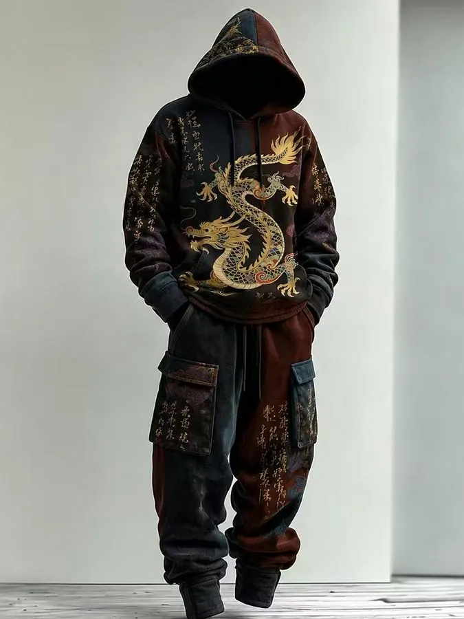 Men's Vintage Japanese Calligraphy Dragon Art Print Hoodie Two Piece Set