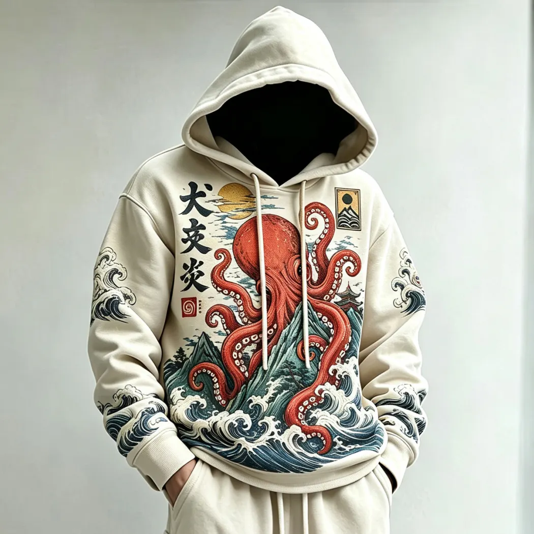 Men's Vintage Japanese Octopus And Wave Art Print Hoodie Two Piece Set
