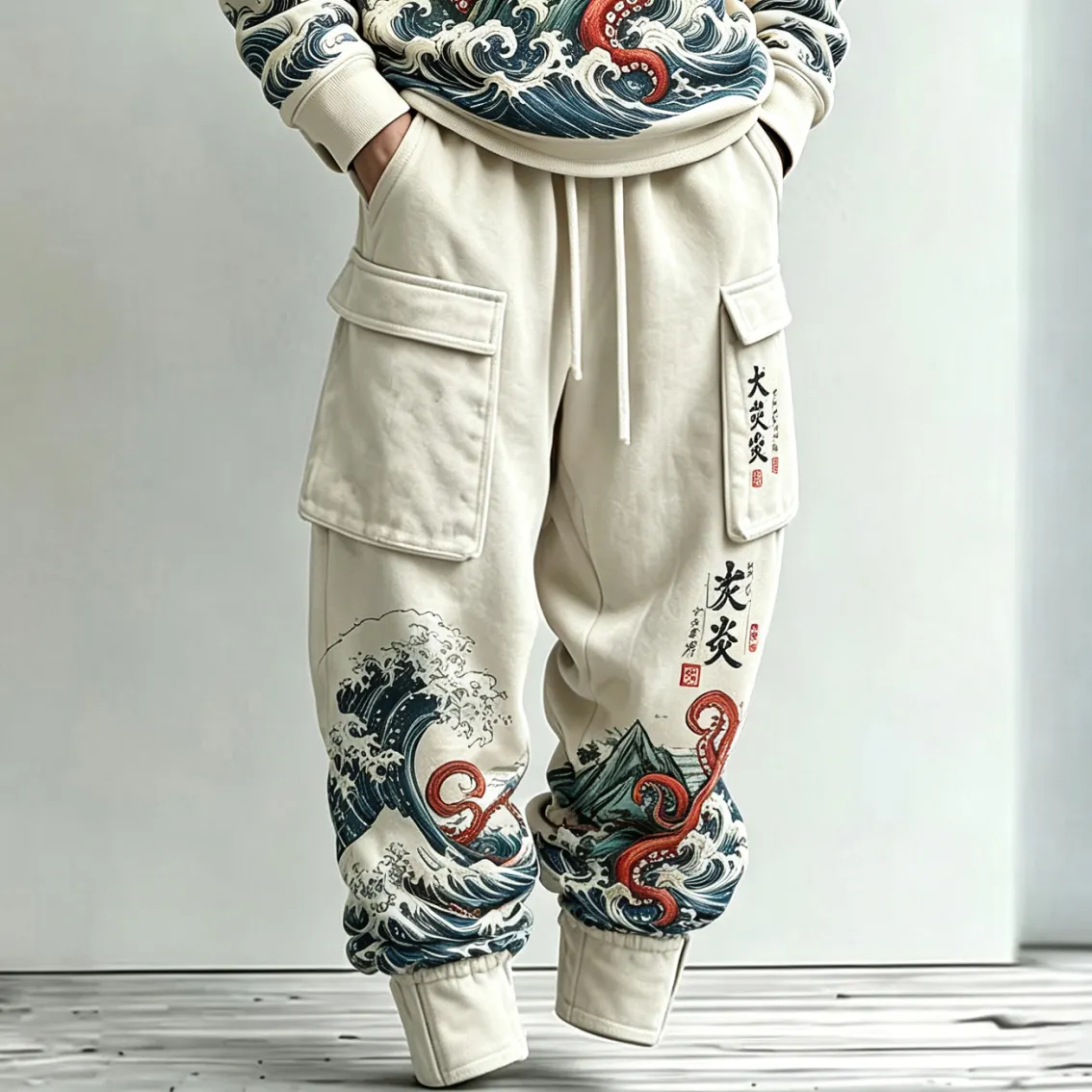 Men's Vintage Japanese Octopus And Wave Art Print Hoodie Two Piece Set