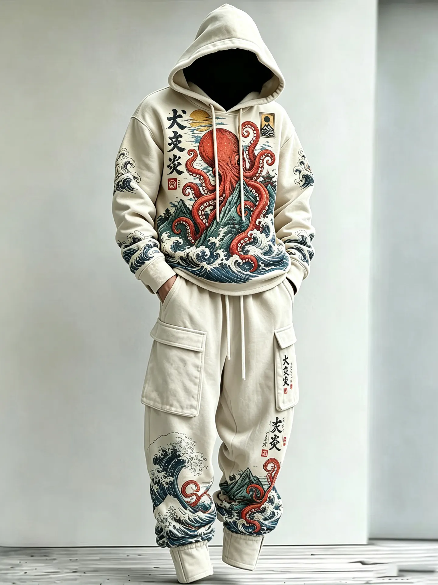 Men's Vintage Japanese Octopus And Wave Art Print Hoodie Two Piece Set