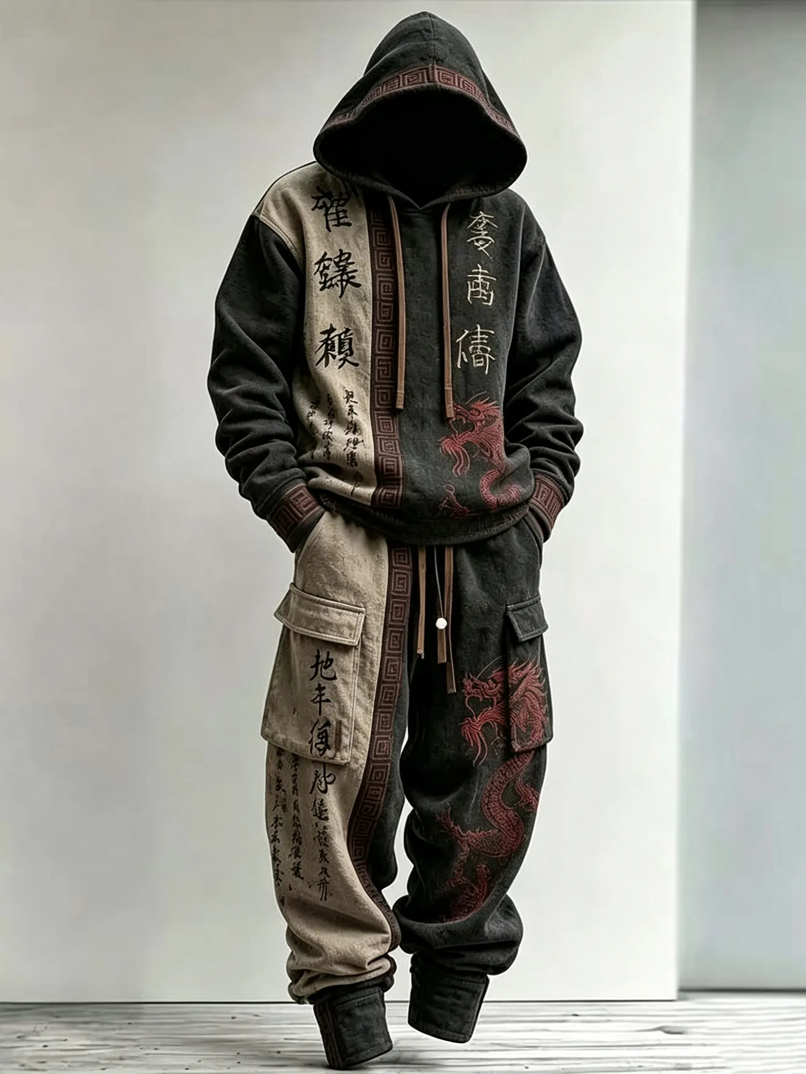 Men's Retro Japanese Calligraphy And Dragon Art Pattern Comfortable Warm Sports Two-piece Set